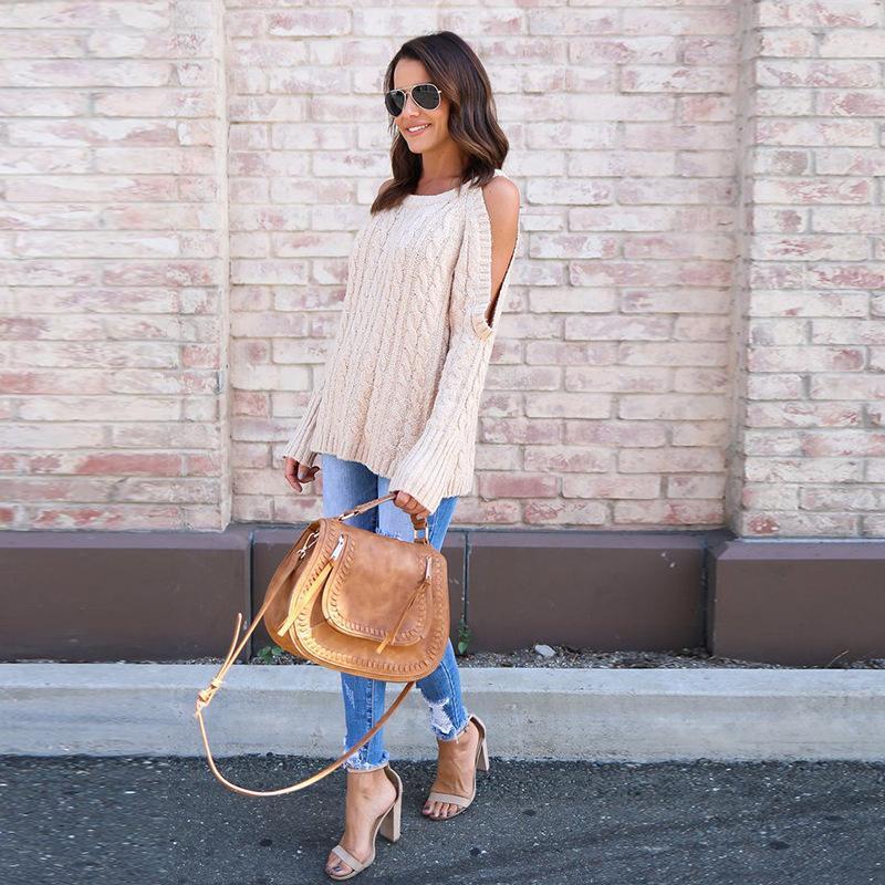 Knit Cold Shoulder Long Sleeve Winter Casual Sweater