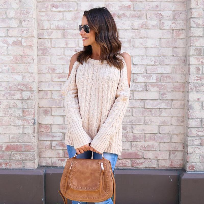 Knit Cold Shoulder Long Sleeve Winter Casual Sweater