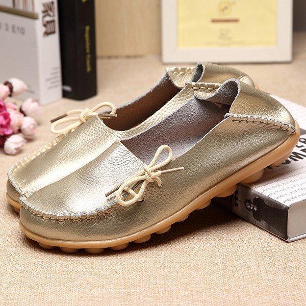 Big Size Shine Lace Up Flat Soft Pure Color Leather Shoes