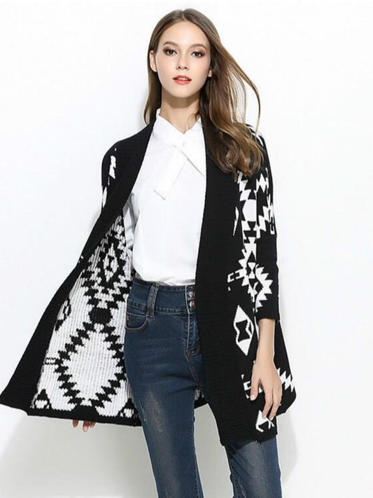 Medium Length Diamond Jacquard Cardigan Sweater Coat