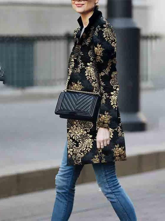 Women Retro Black Floral Print Cardigan Long Sleeves Vintage Jacket Slim Elegant Coat Outwear