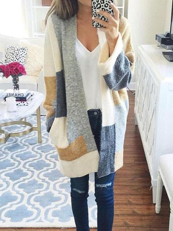 Color Matching Knitting Long Sleeves Cardigans Tops