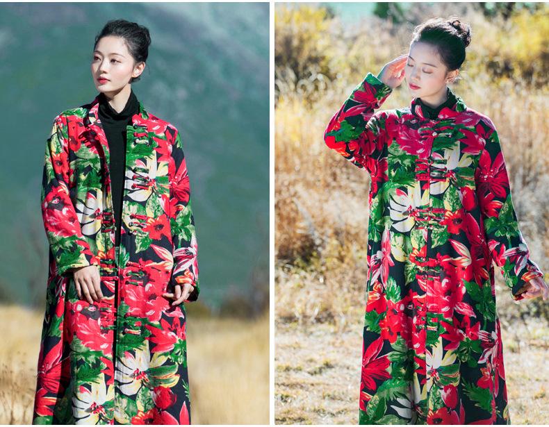 National Style Floral Retro Slim Long Cotton Velvet Robes Coat