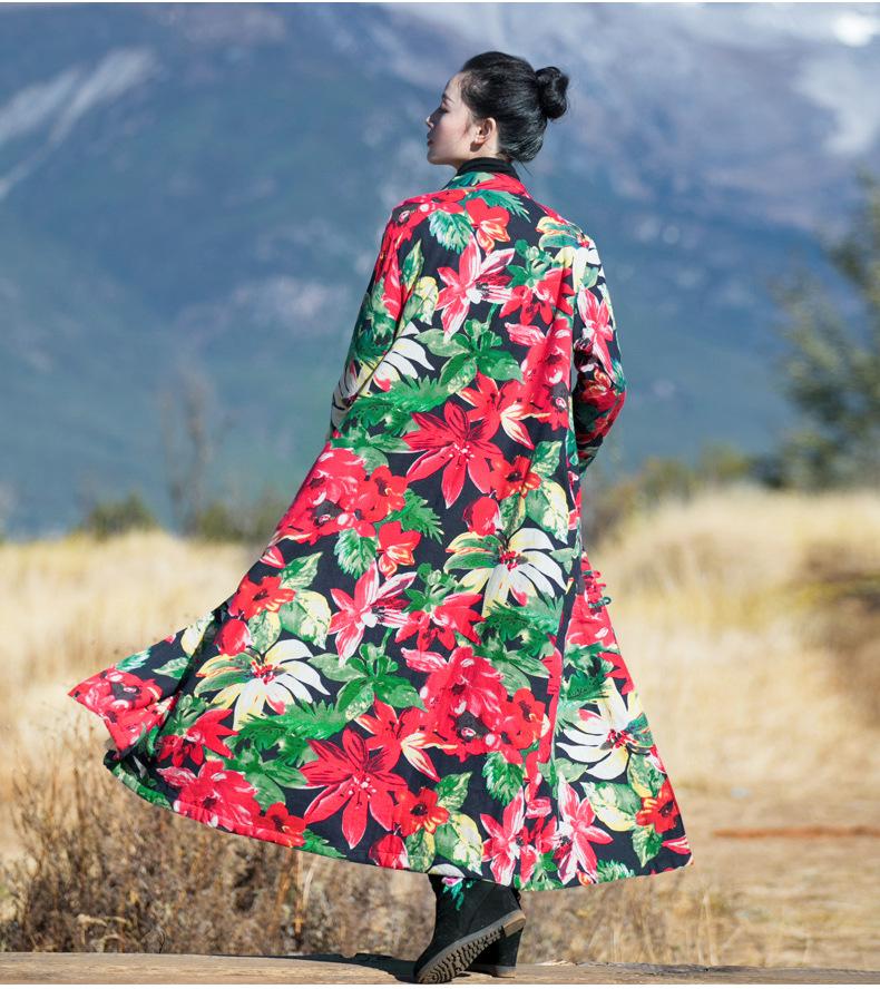 National Style Floral Retro Slim Long Cotton Velvet Robes Coat