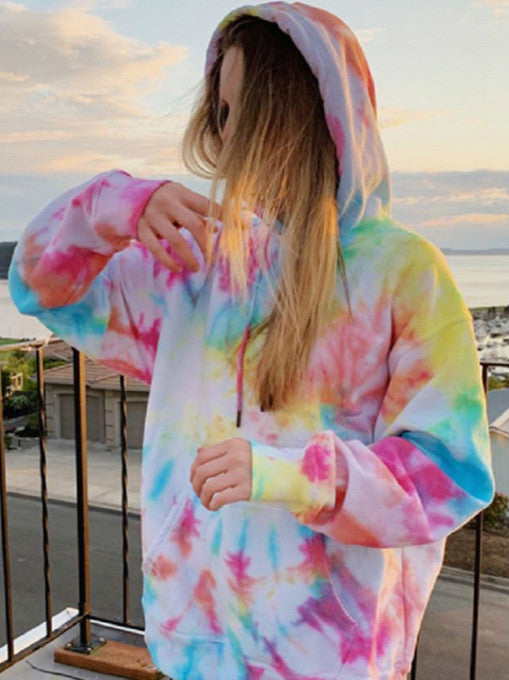 Women's New Loose Hooded Tie-dye Printed Casual Sweater Coat Jacket