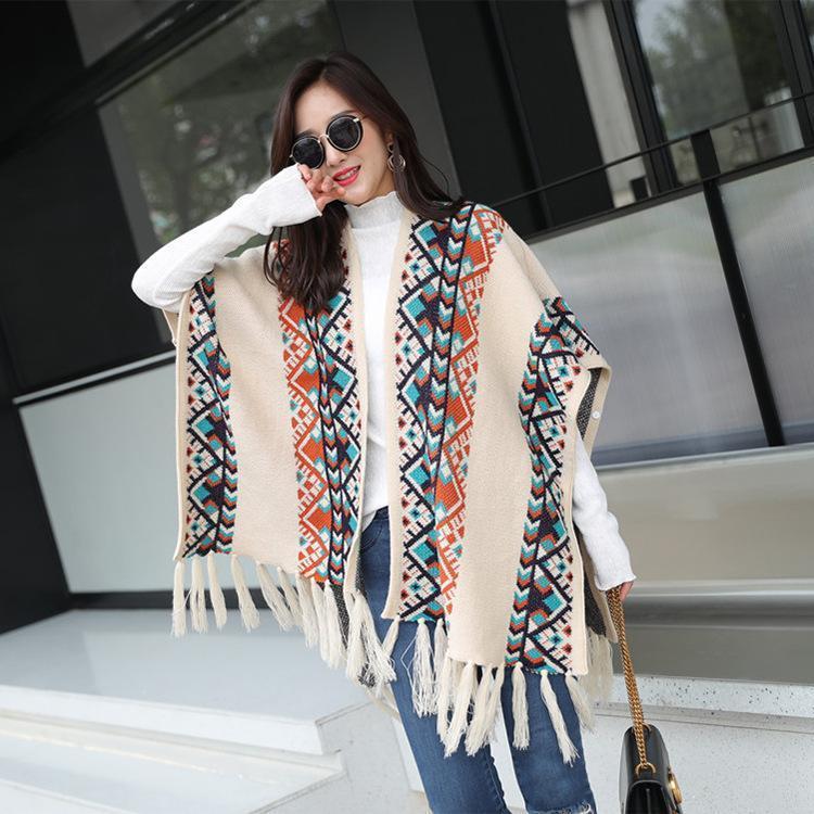 Autumn Tibetan Ethnic Tassel Split Thick Knit Shawl Cloak Scarf