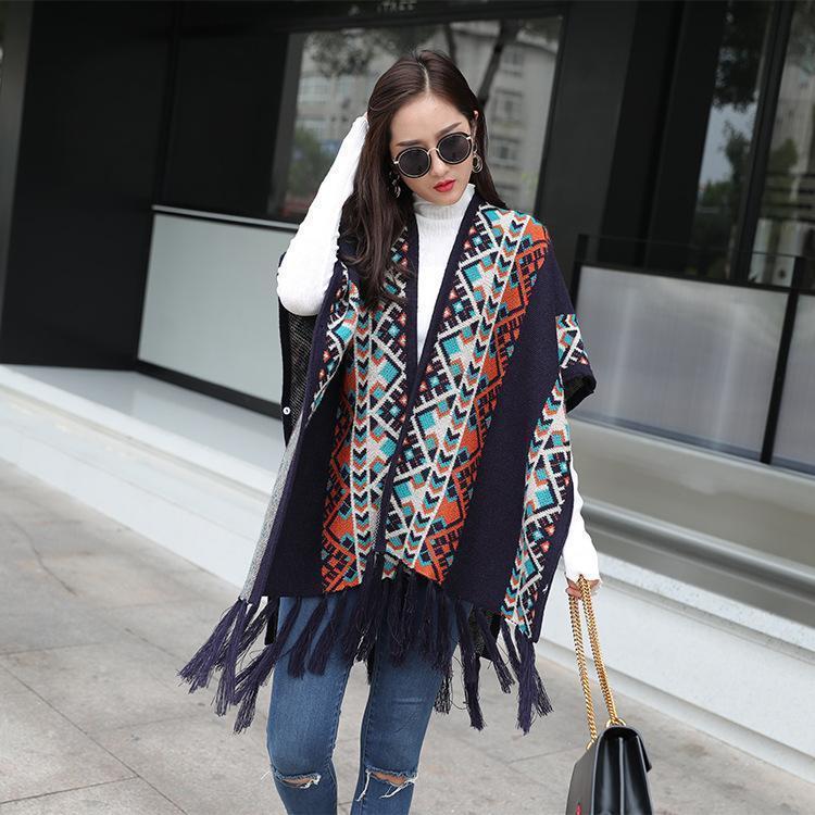 Autumn Tibetan Ethnic Tassel Split Thick Knit Shawl Cloak Scarf