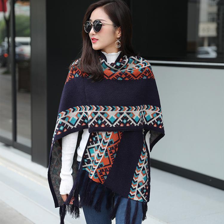 Autumn Tibetan Ethnic Tassel Split Thick Knit Shawl Cloak Scarf