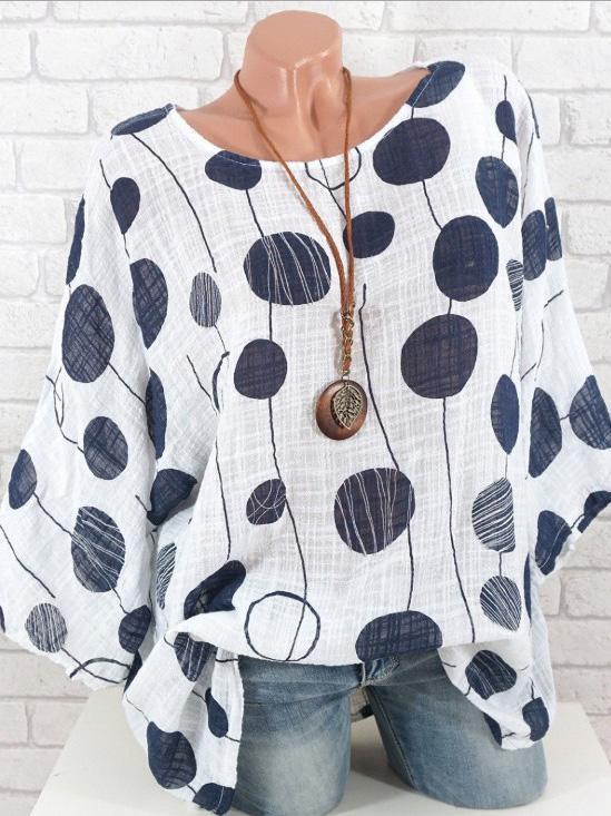 Summer Polka Dot Round-Neck Batwing Sleeve Top