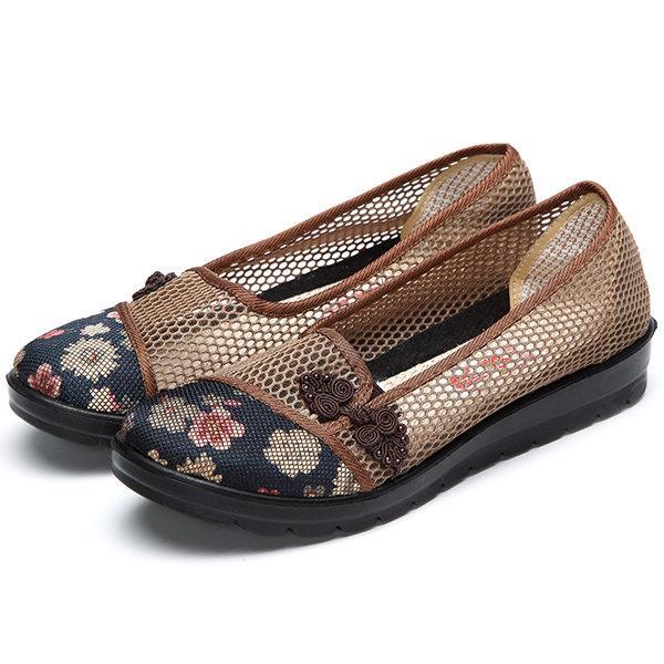 Flower Chineseknot Vintage Retro Mesh Breathable Slip On Flat Shoes