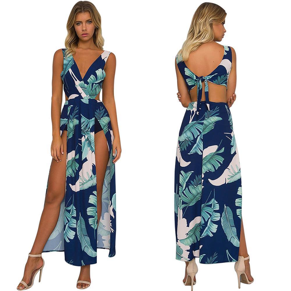 Sexy Printed V Neck Sleeveless Backless Split Maxi Dress