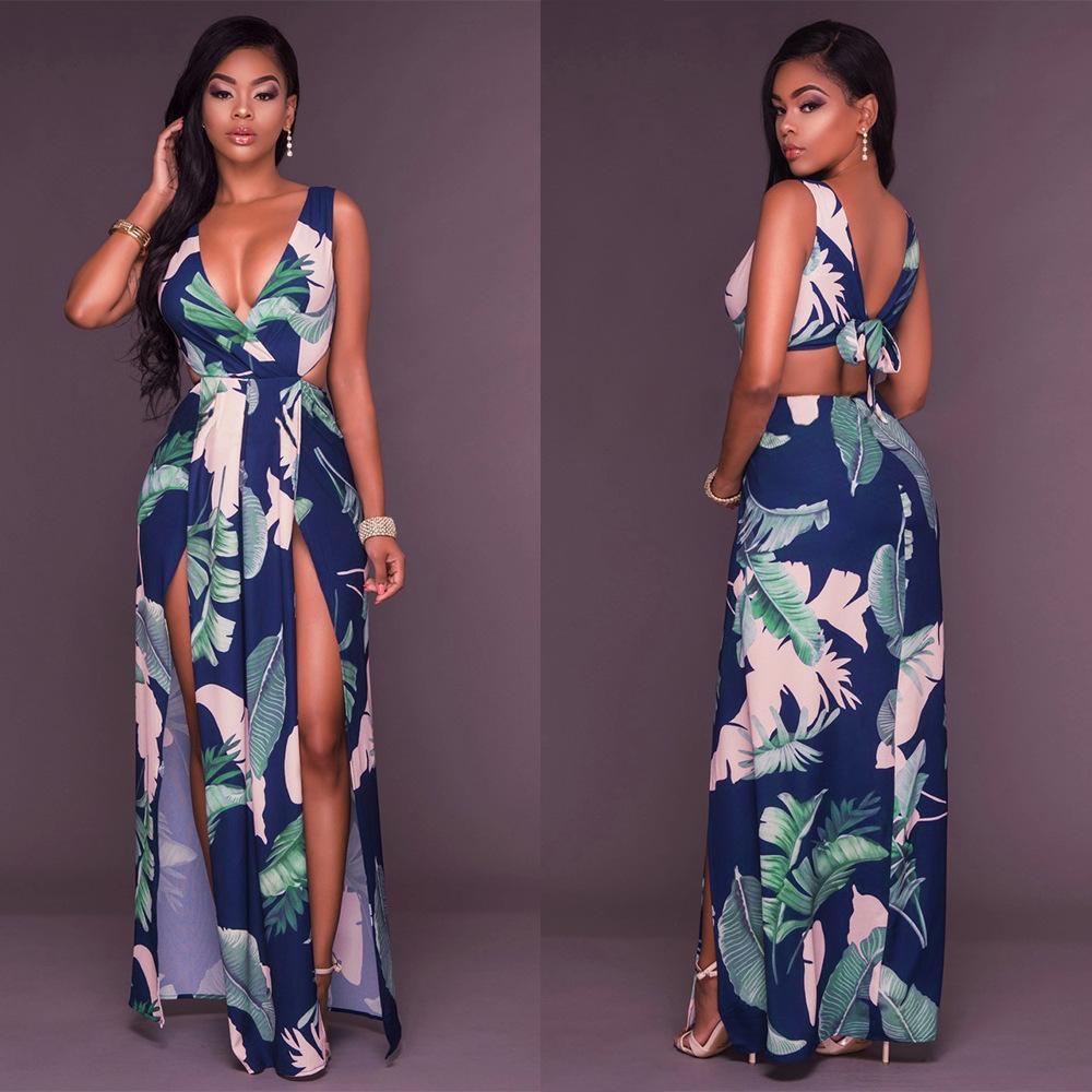 Sexy Printed V Neck Sleeveless Backless Split Maxi Dress