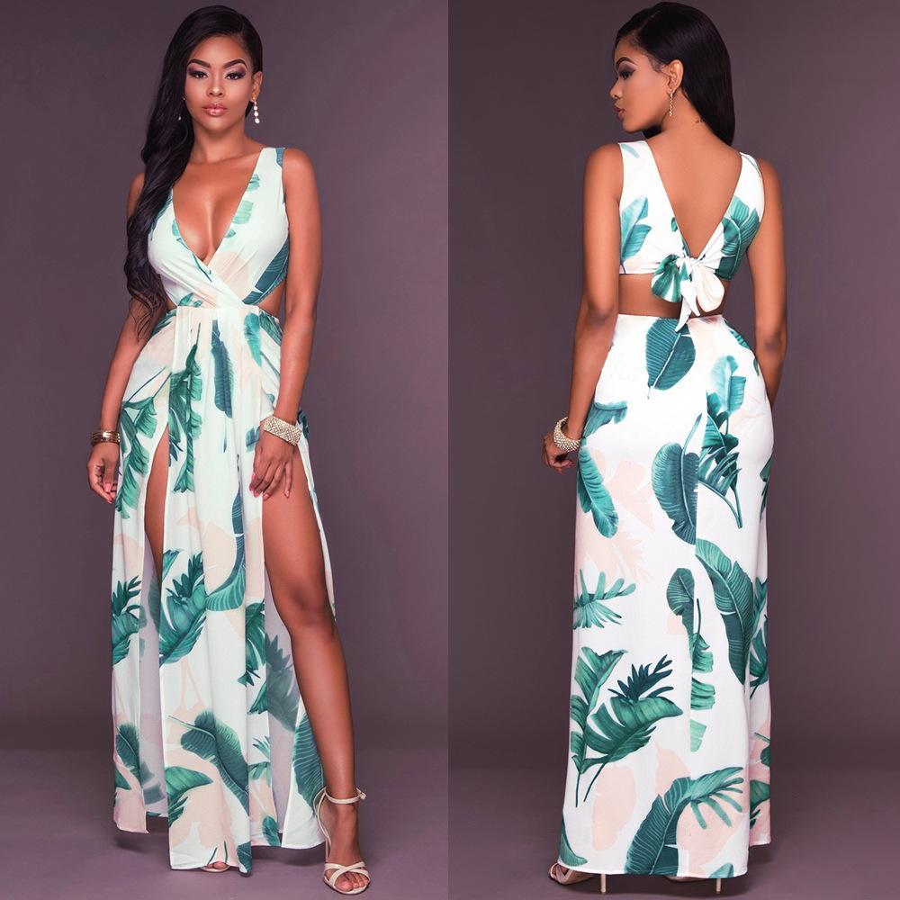 Sexy Printed V Neck Sleeveless Backless Split Maxi Dress