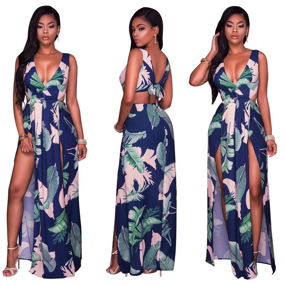 Sexy Printed V Neck Sleeveless Backless Split Maxi Dress