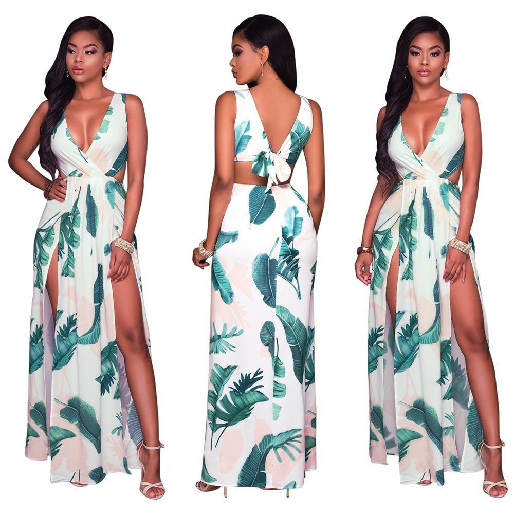 Sexy Printed V Neck Sleeveless Backless Split Maxi Dress