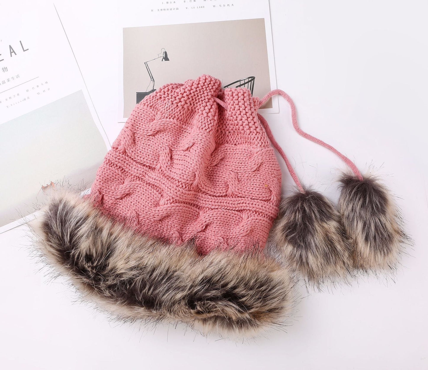 Women Winter Fur Collar Knit Hat Bib