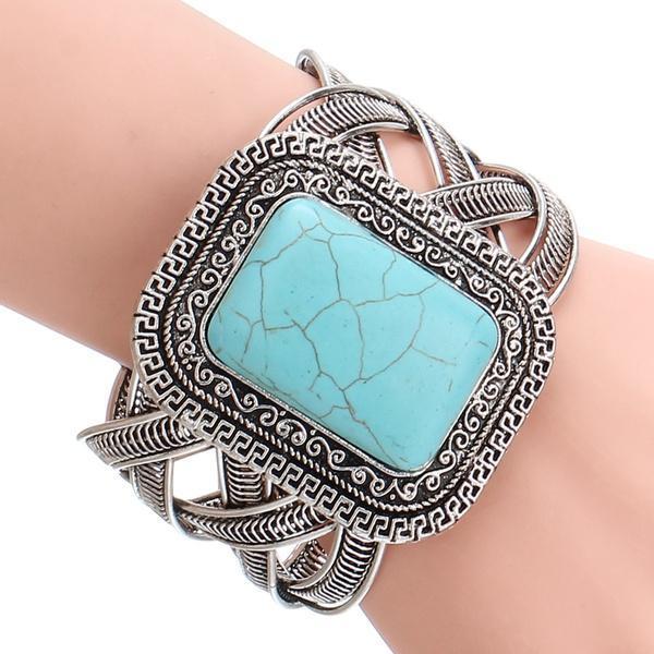 Vintage Blue Stone Turquoise Square Cuff Bangle Open Bracelets