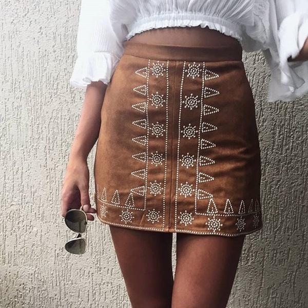 Boho Autumn High Waist Solid Color A-line Skirt