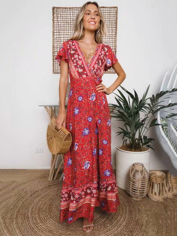 Boho Lace-up V-neck Printed Maxi Dresses