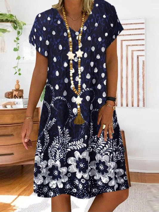 Summer Dot Floral Print V-Neck Short Sleeves Midi Dress