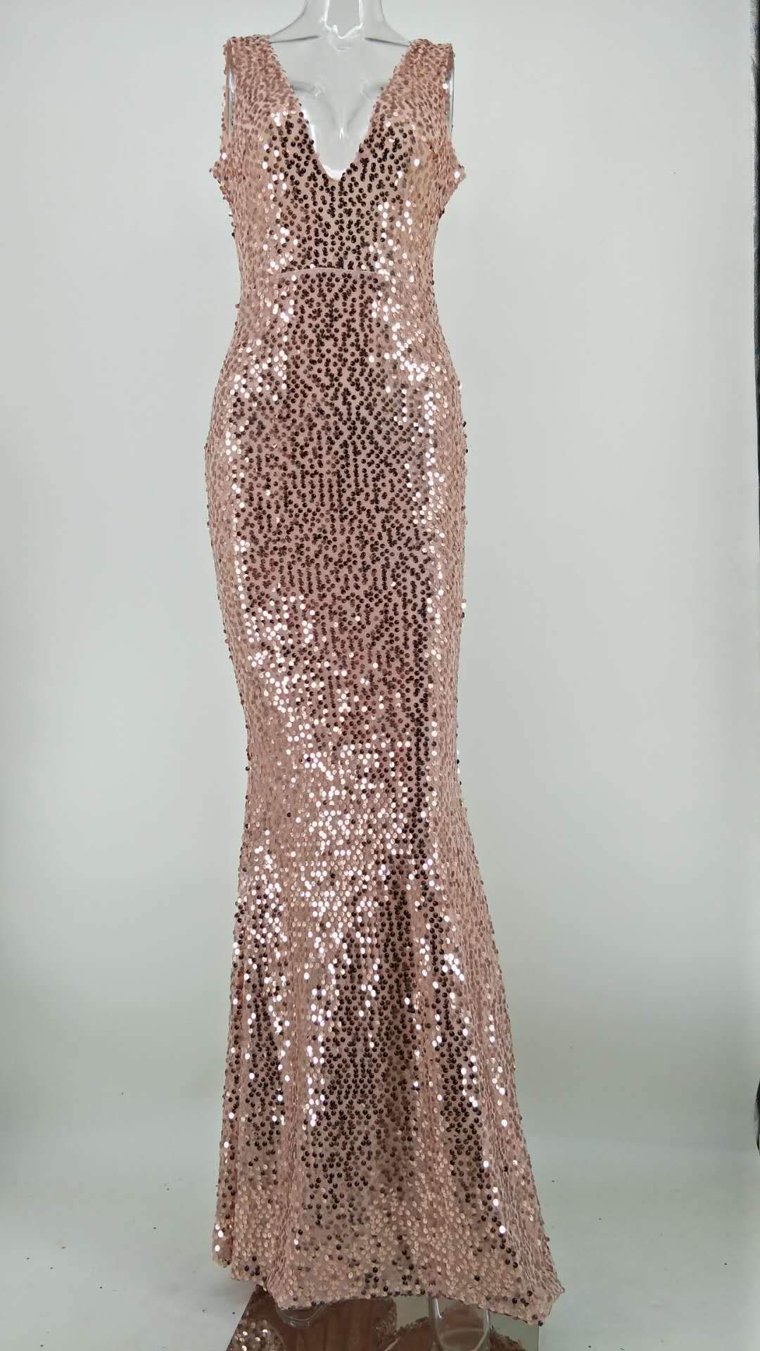 Gold Sequins V-Neck Sexy Dress