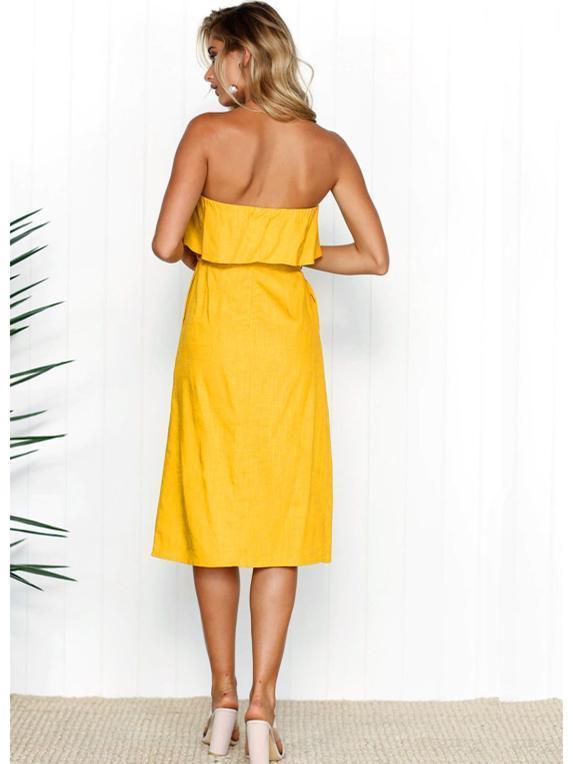 Off Shoulder Button Solid Color Summer Midi Dress