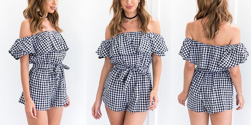 Plaid Off Shoulder Ruffle Backless Belted Rompers