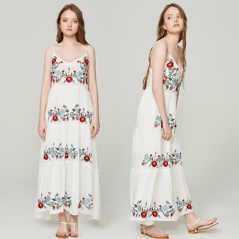 2018 New Spaghetti Strap Floral Embroidered Maxi Dress