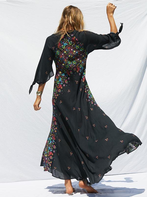 Print Deep V Neck Bohemia Beach Maxi Dress