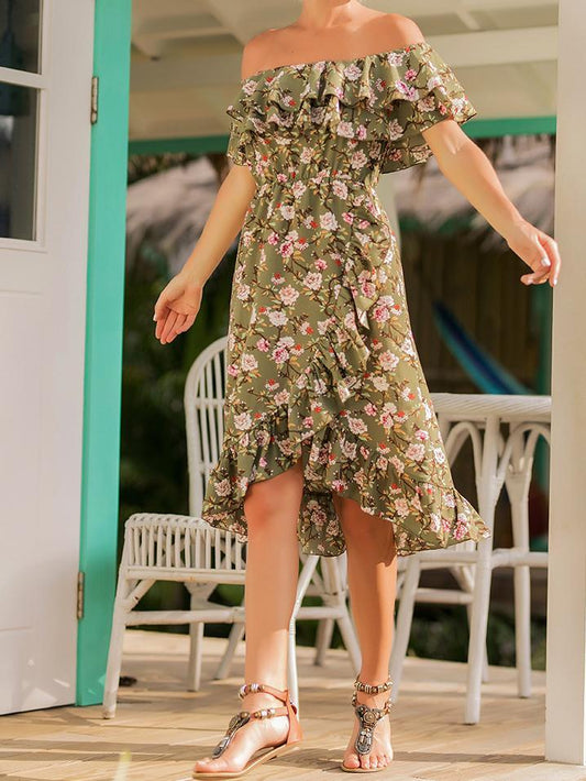 2018 Floral Print Off Shoulder Backless Beach Dress
