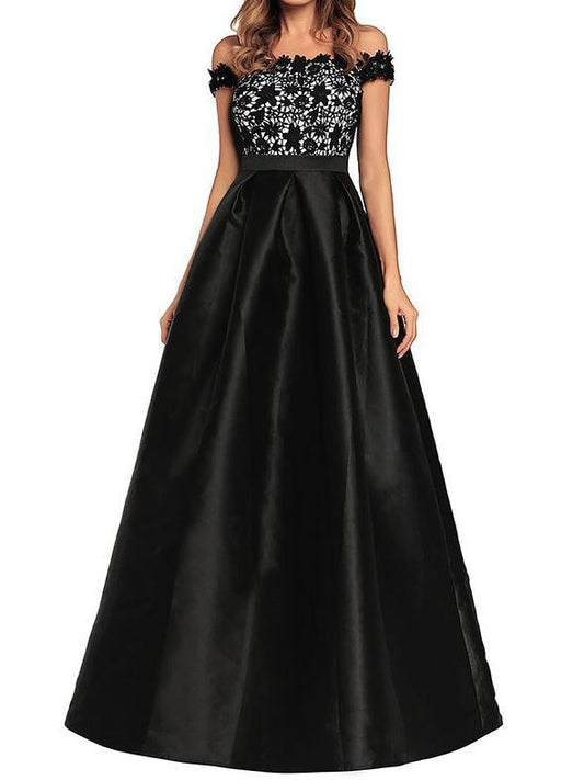 Off Shoulder Lace Splice Evening Gown Maxi Dress