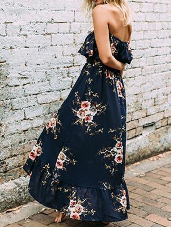 Fashion A-Line Strapless Ruffle Floral Printed Maxi Dress