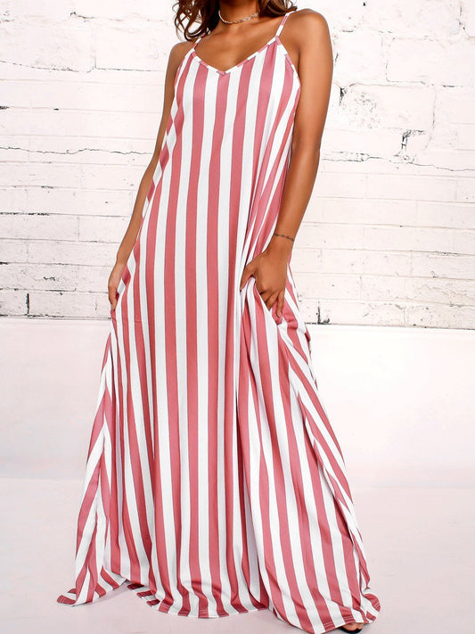 Stripe Spaghetti Strap Loose Maxi Long Dress