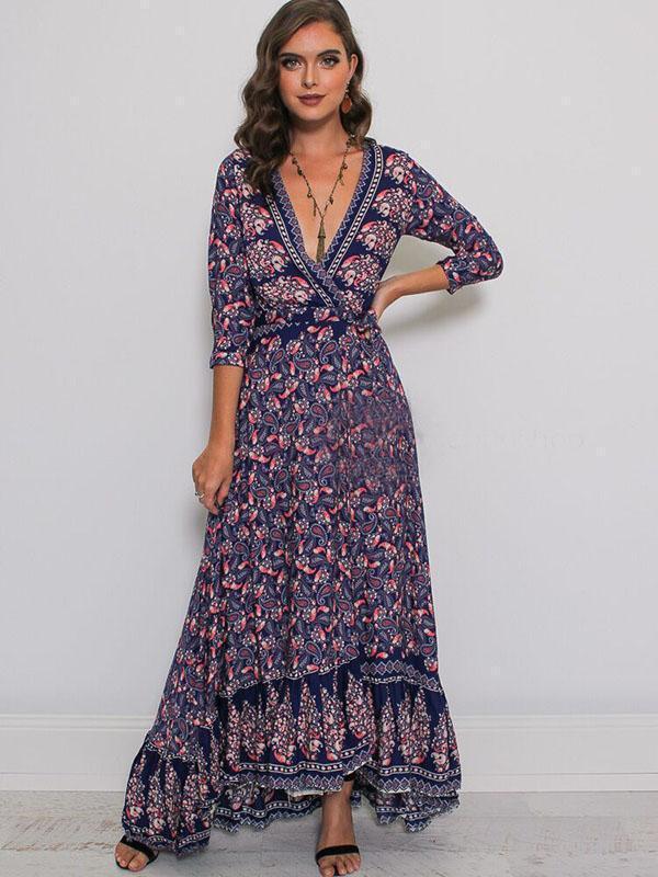 Print V Neck Side Split Bohemia Maxi Dress