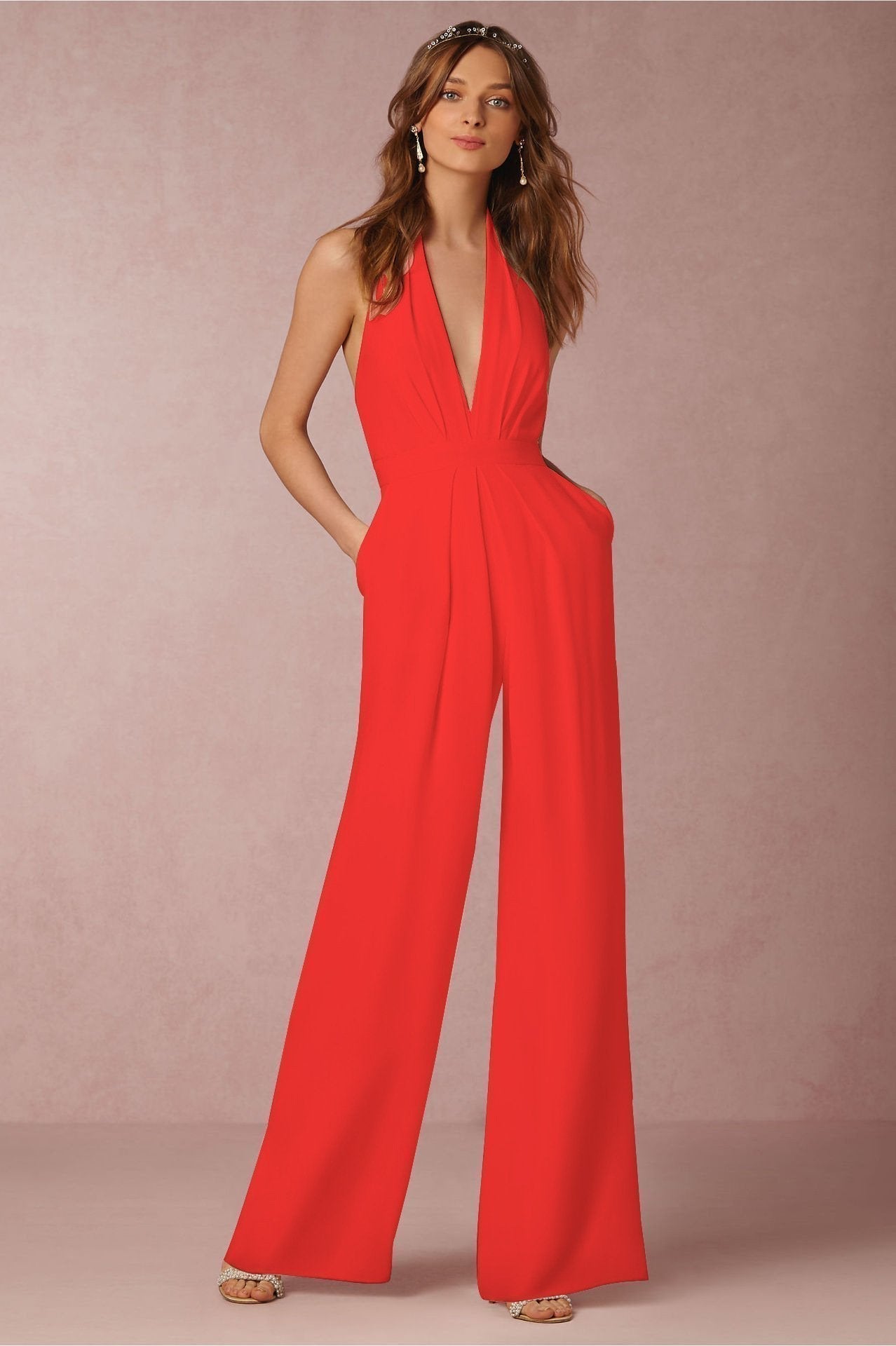 Solid Color Halter Wide Leg Pants Jumpsuit