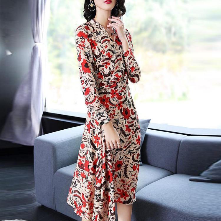 New Print Chiffon V Neck Long Sleeve Beach Dress