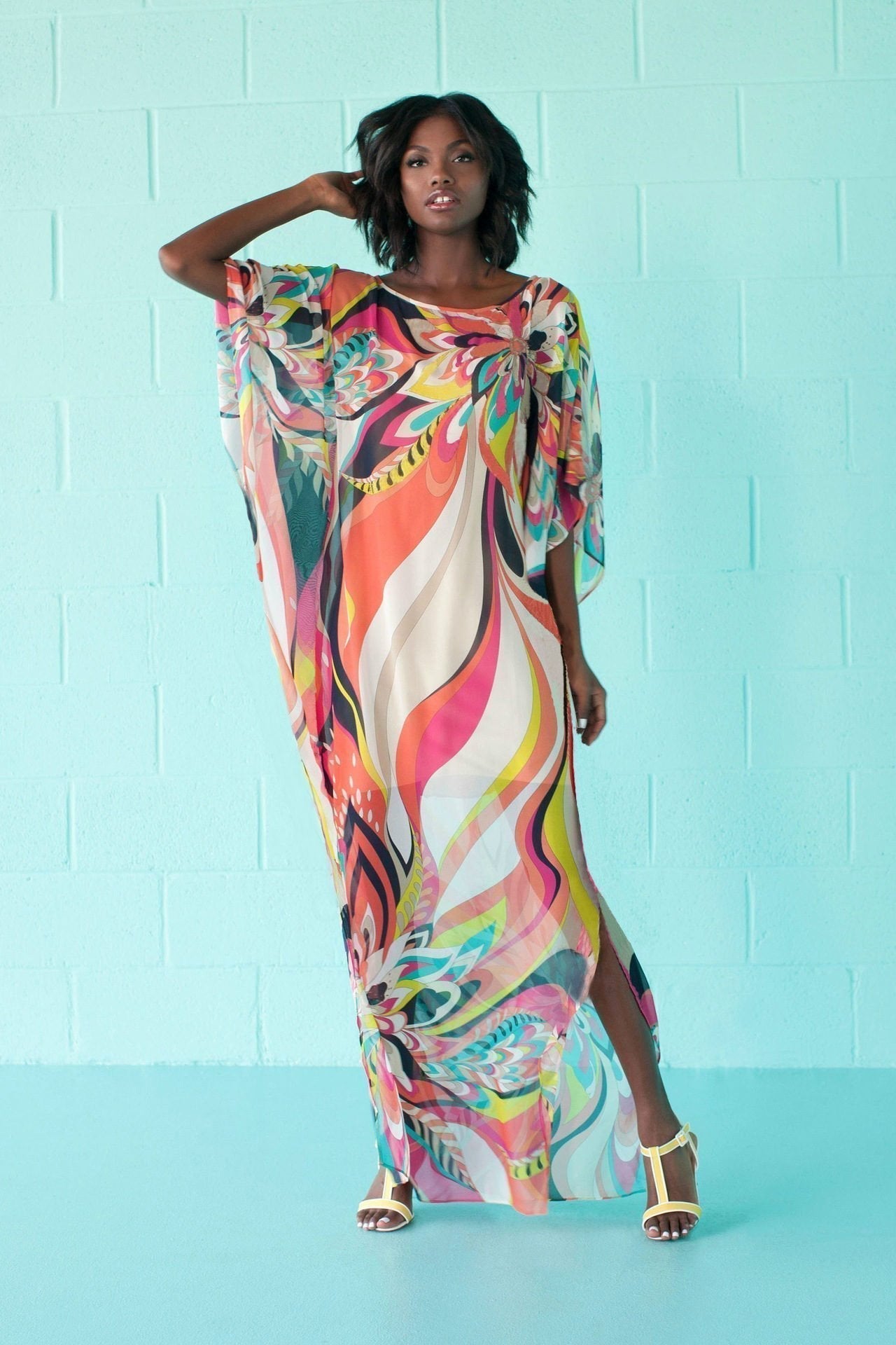 Print Chiffon Split Long Beach Bikini Cover Up