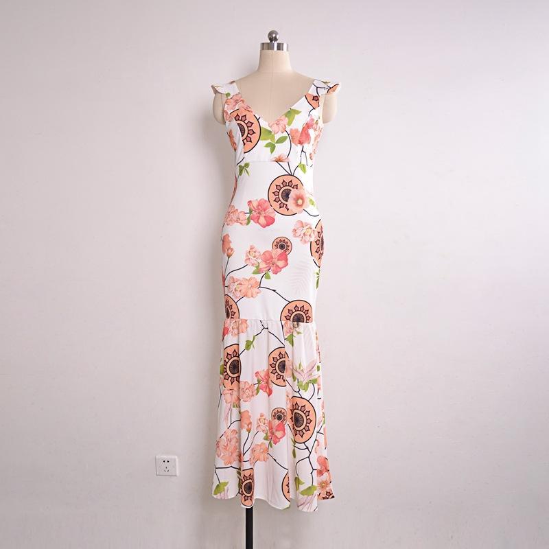 2018 New Print V Neck Sleeveless Chiffon Mermaid Beach Maxi Dress