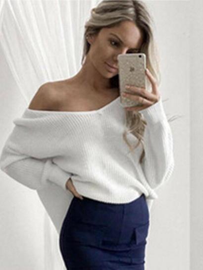 Solid Color Asymmetric V-neck Loose Sweater Tops