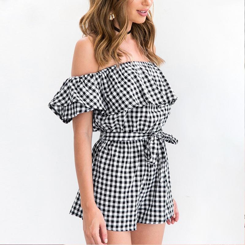 Plaid Off Shoulder Ruffle Backless Belted Rompers