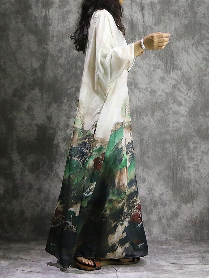 Print Plus Size Long Sleeve Loose Maxi Dress