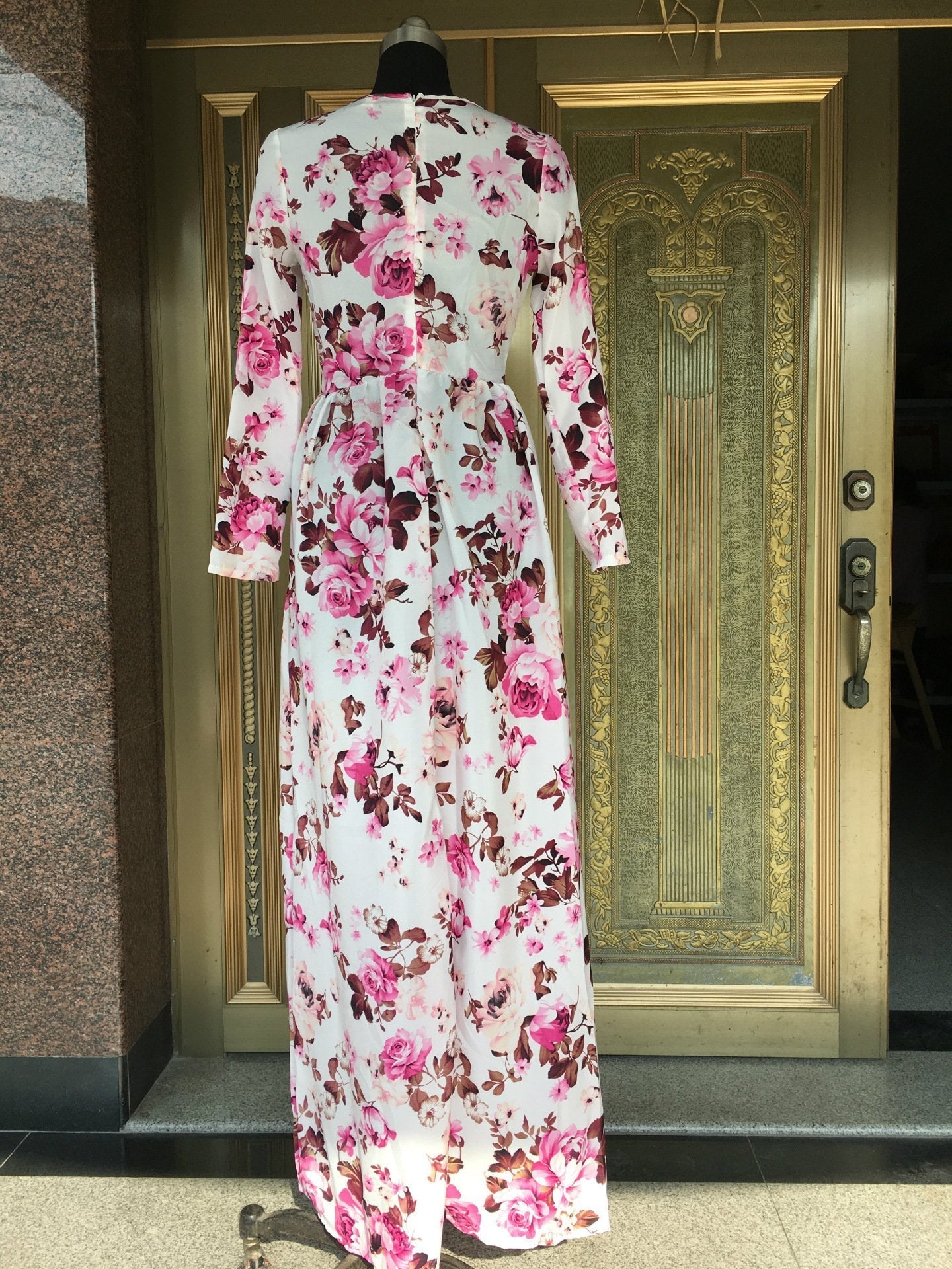 New Summer Printed Long Sleeve High Waist Maxi Dress