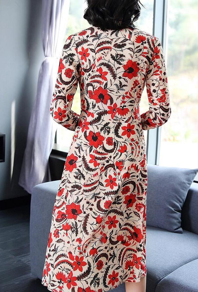 New Print Chiffon V Neck Long Sleeve Beach Dress