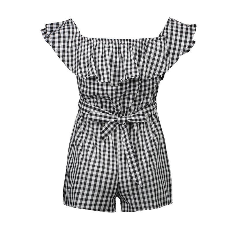 Plaid Off Shoulder Ruffle Backless Belted Rompers