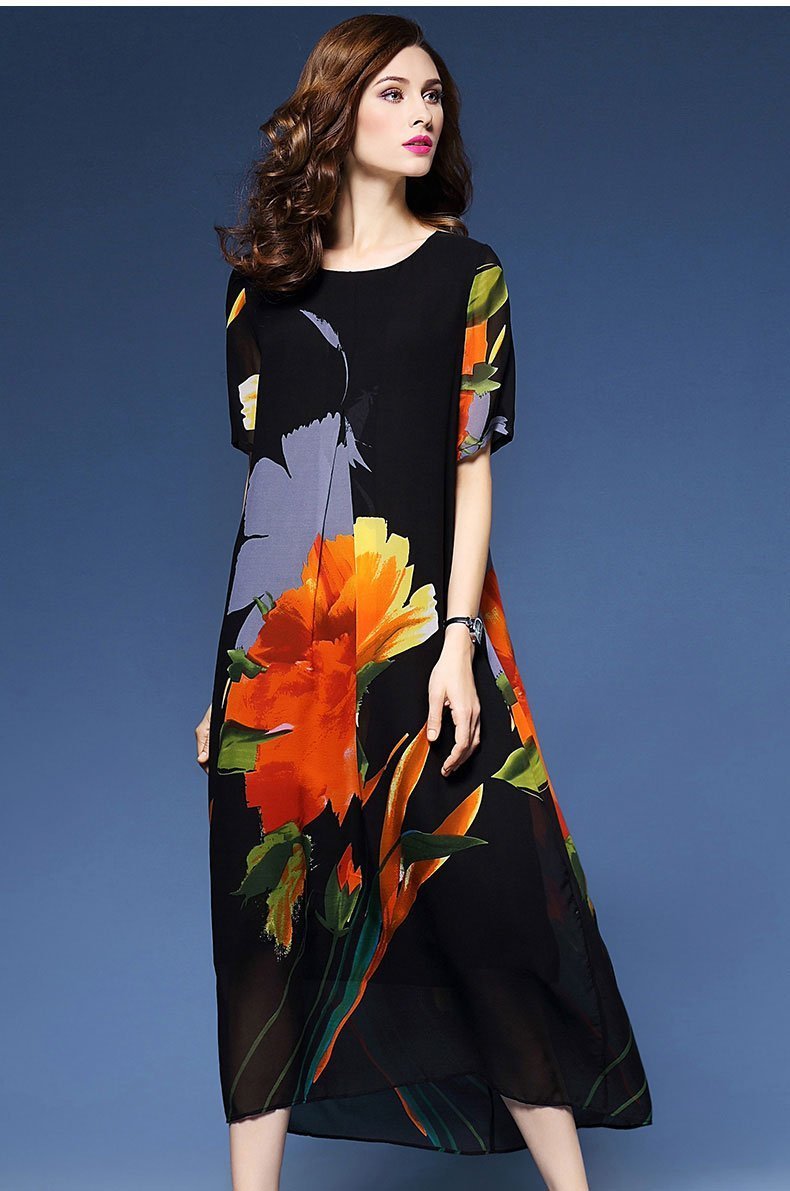 Flower Short Sleeve Plus Size Casual Maxi Dress