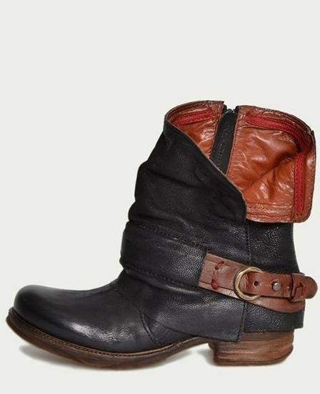 British Retro Flat Martin Boots Female Belt Buckle Cuffed Two Wear Boots