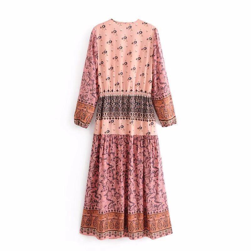 Pink Printed Wavy Ribbon Hollow Big Skirt Holiday Dress