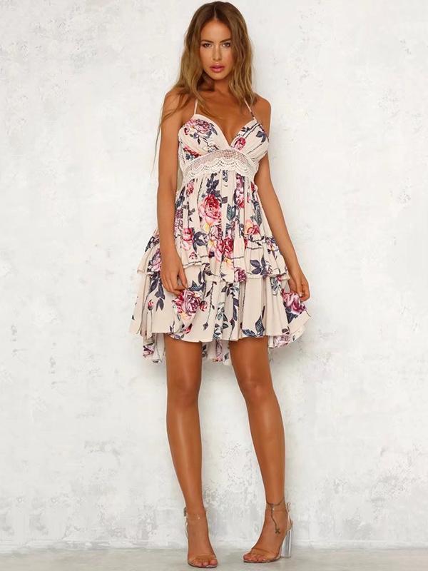 Print Spaghetti Strap Lace Splice Mini Dress