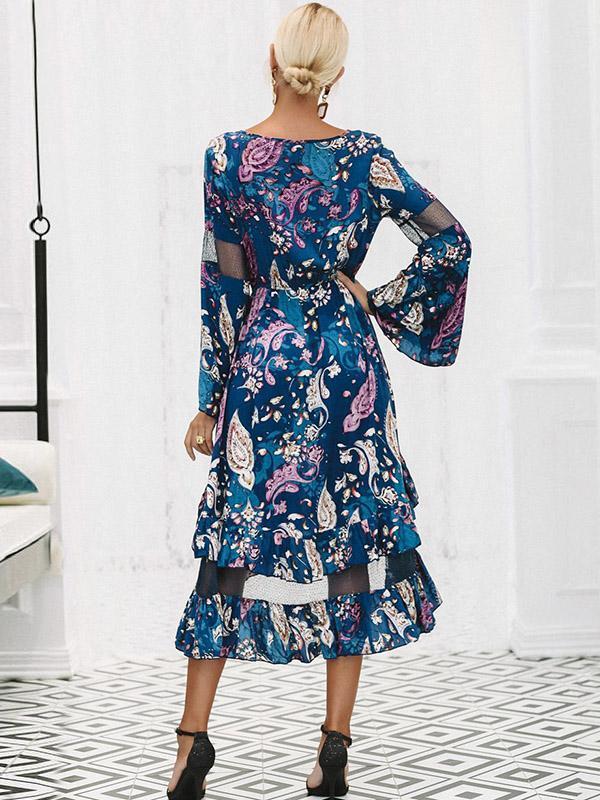 Floral Print Long Sleeve Irregular Midi Dress