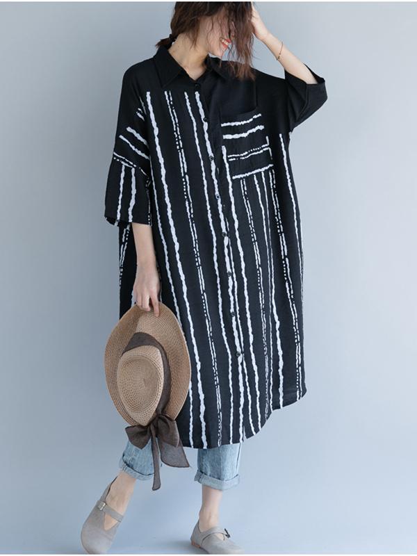 2018 Stripe Linen Cotton Loose Shirt Dress